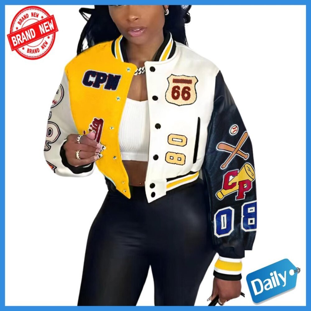 Cropped Bomber Leather Jacket with Patches Print, S-XXL